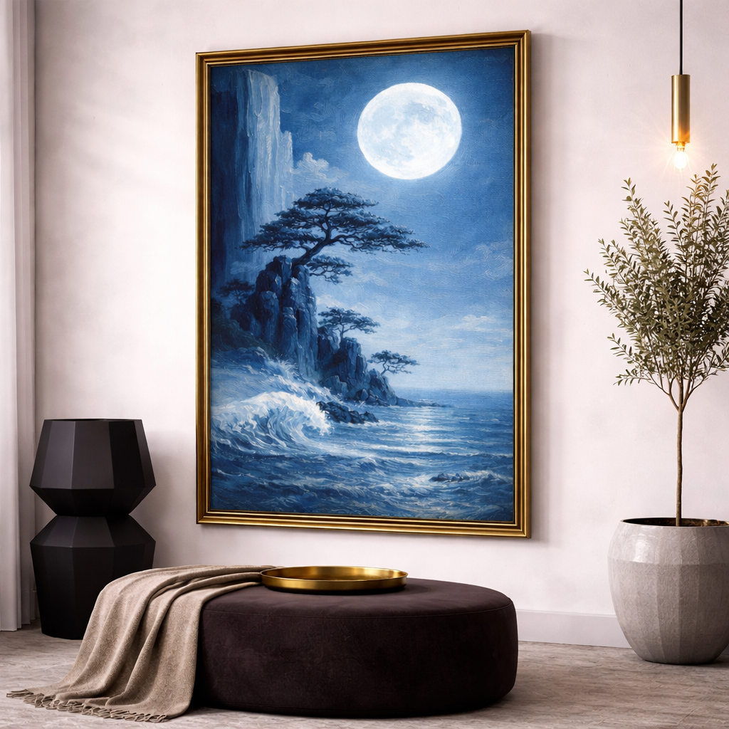 Moonlight Ocean Wall Art Set – Blue Coastal Night Landscape Printable – Serene Beach Digital Download (11x14, 16x20, 18x24, 24x36)