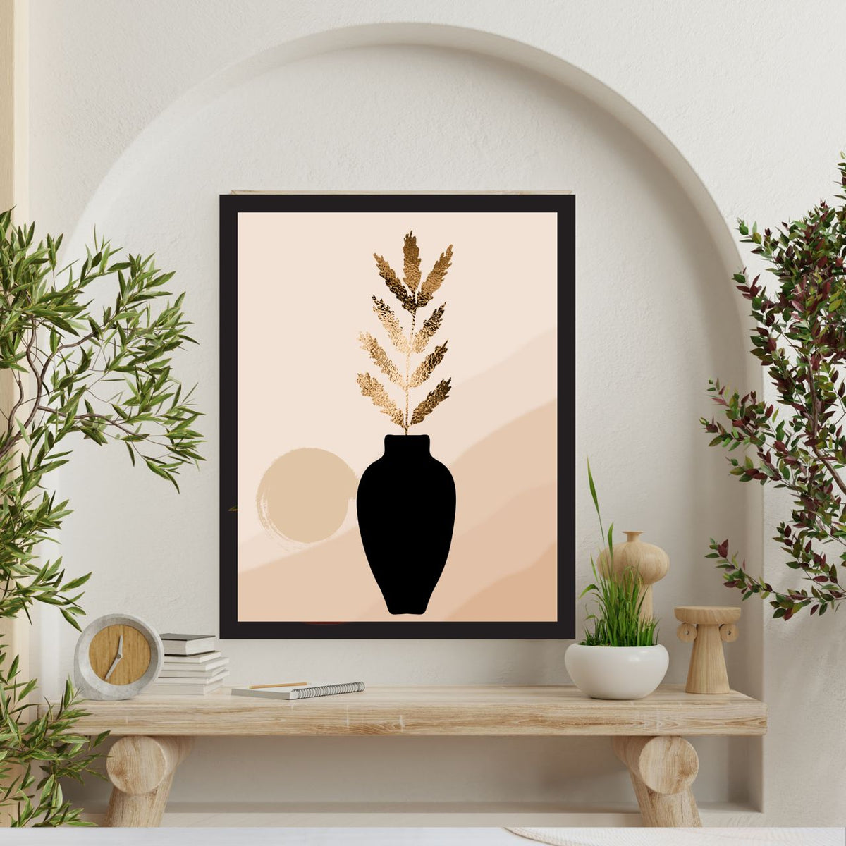 Neutral Vase Wall Art Set – 3 Printable Botanical Prints (Gold & Green Flowers) | Digital Download | 3 Sizes Included