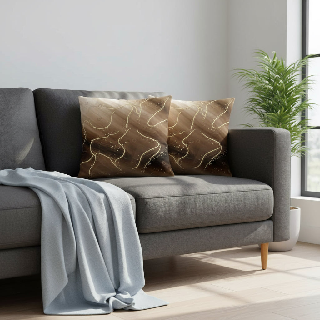 Black & Light Brown Throw Pillow with Gold Accents – 18x18” | Elegant Fused Background with Fine Detailing