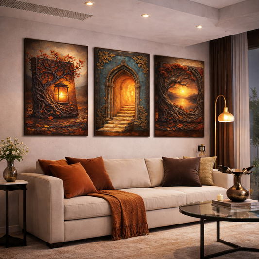 Autumn Lantern & Golden Doorway Wall Art Set – Cozy Fall Fantasy Printable – Warm Rustic Living Room Digital Download (11x14, 16x20, 18x24, 24x36)