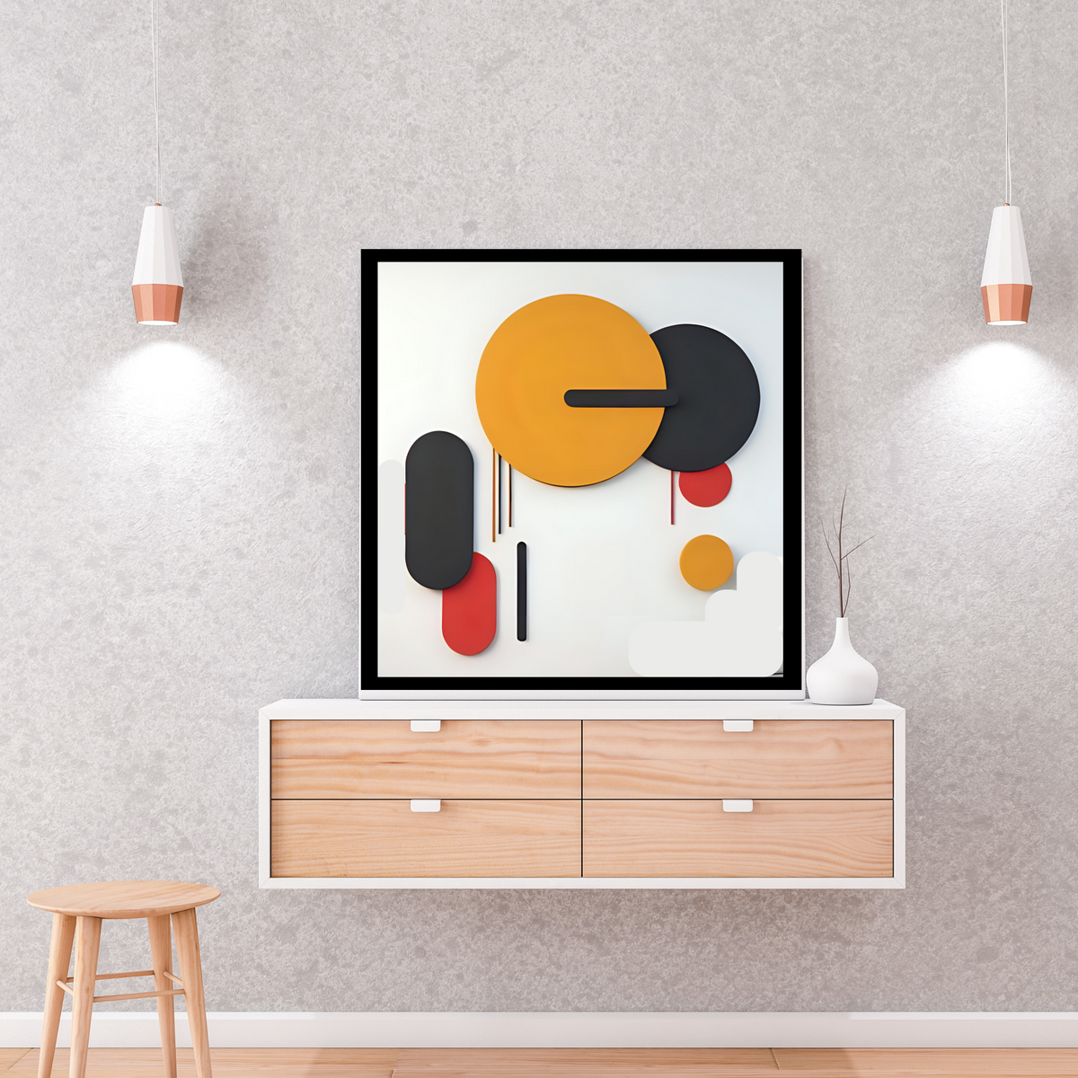 Modern Abstract Wall Art Set – Red, Black & Yellow on Off-White (3 Digital Prints – 16x16, 20x20, 24x24 in)