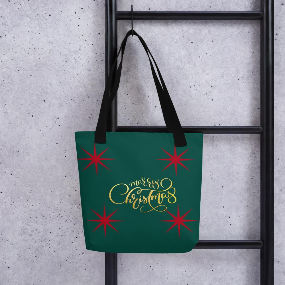 Green “Merry Christmas” Tote Bag with Red Stars – 15”x15” Holiday Carryall