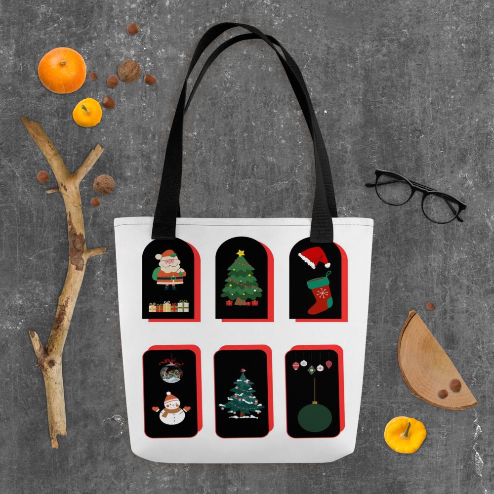 Christmas Tote Bag – 15×15″ White Background with Elegant Festive Design
