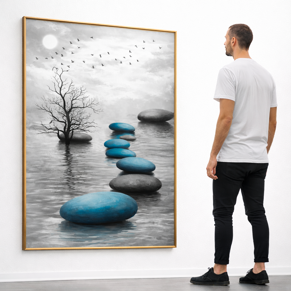– Minimalist Nature Wall Art Set of 3 | Blue Tree & Stacked Stones Printable