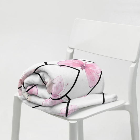 Pink Butterfly Zigzag Throw Blanket – 50x60” Soft White Fleece with Delicate Modern Design