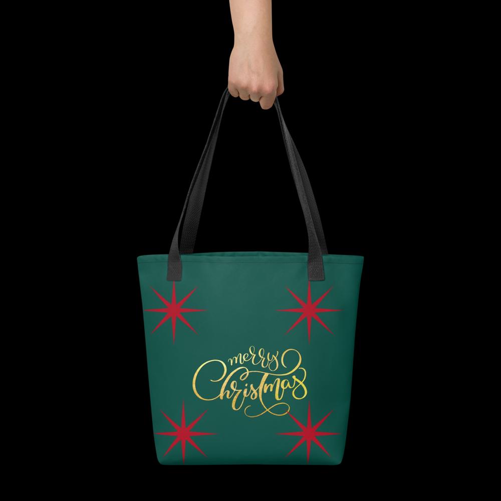 Green “Merry Christmas” Tote Bag with Red Stars – 15”x15” Holiday Carryall