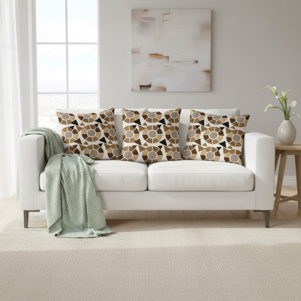 Modern Geometric Throw Pillow – 18x18” Brown, Beige & Black Accent on Light Tan Background