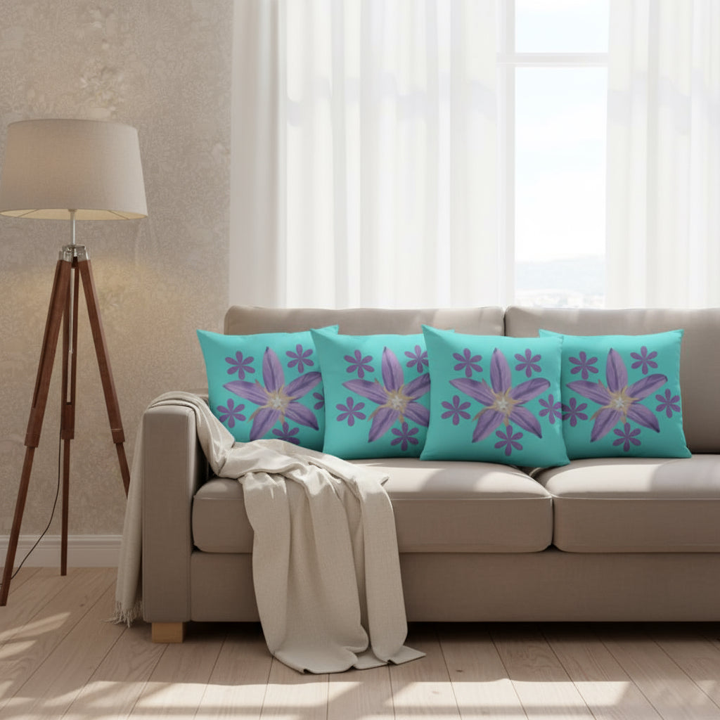 Mint Green Throw Pillow with Purple Flower Cluster – 18x18” | Artistic Floral Centerpiece
