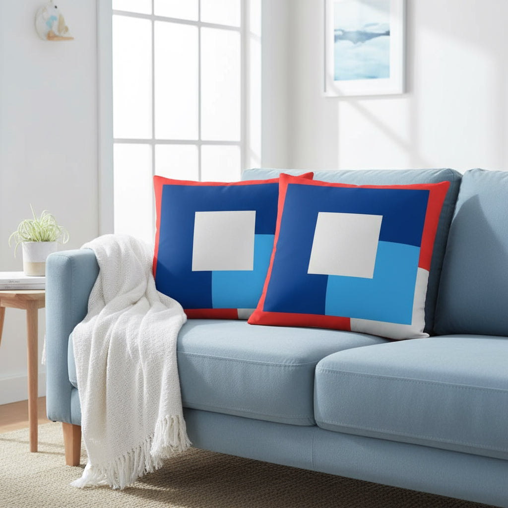 Abstract Red, Blue & White Throw Pillow – Modern Art Accent | 22×22 Inches