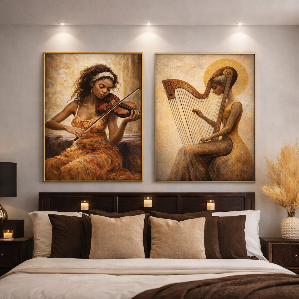 Elegant Musician Wall Art Set – Violin & Harp Artwork – Warm Neutral Bedroom Decor – Digital Download Printable Art (Set of 2)