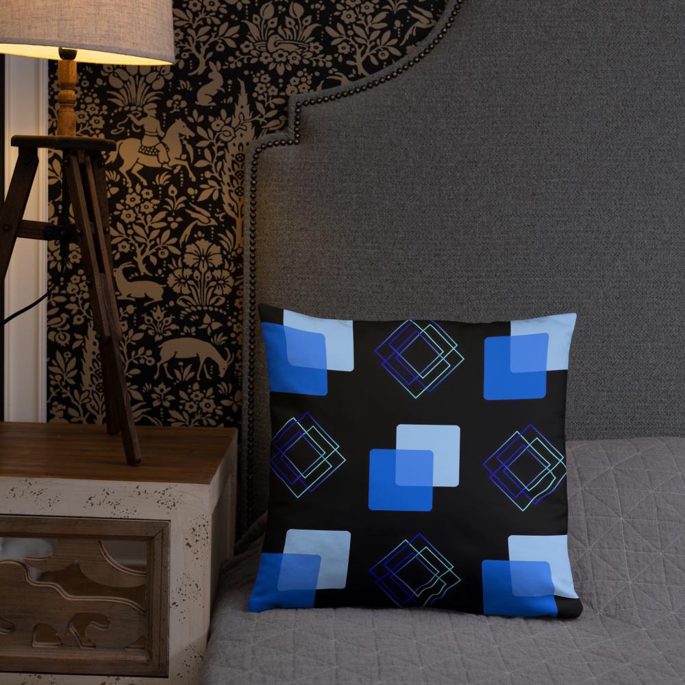 Geometric Blues Throw Pillow – 18×18” Modern Abstract Decor in Black & Mint