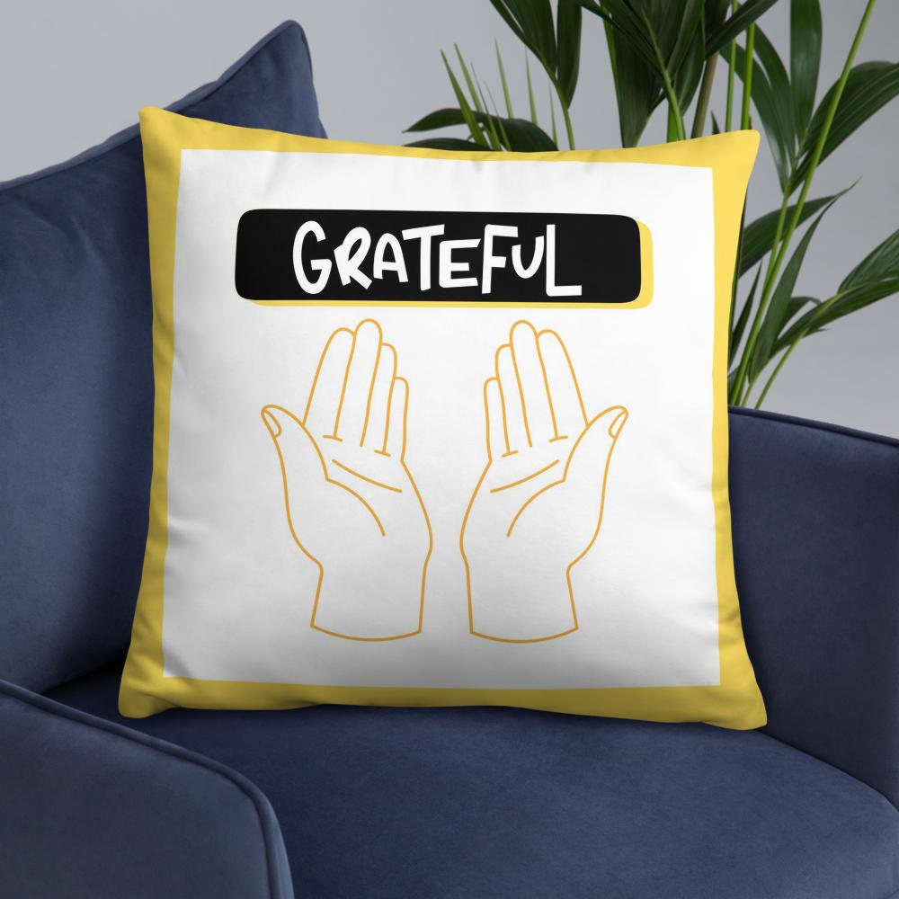 Grateful Thanksgiving Pillow – 22x22” White & Yellow Cushion with Open Palms