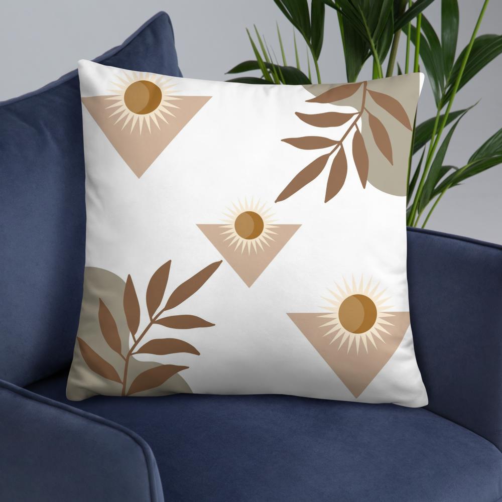 White Throw Pillow with Brown Boho Designs – Decorative Cushion 22x22”
