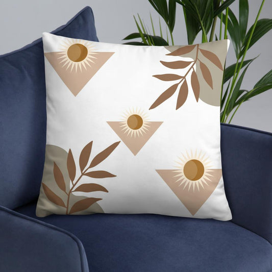 White Throw Pillow with Brown Boho Designs – Decorative Cushion 22x22”