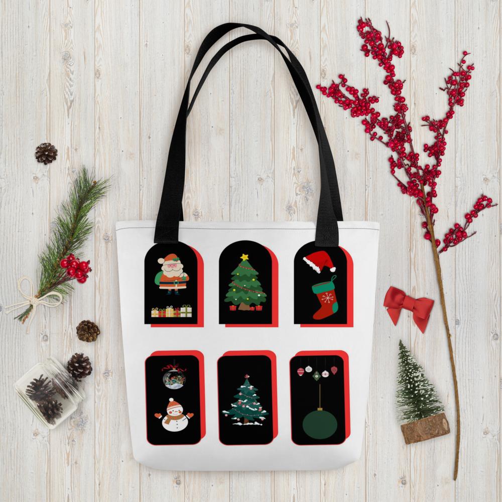 Christmas Tote Bag – 15×15″ White Background with Elegant Festive Design