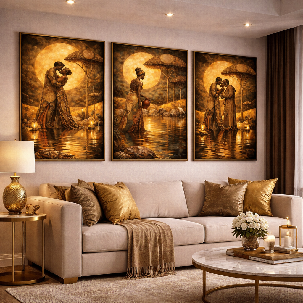 Golden Moon African Love Wall Art Set – Romantic Couple Printable – Luxury Gold Cultural Digital Download (11x14, 16x20, 18x24, 24x36)