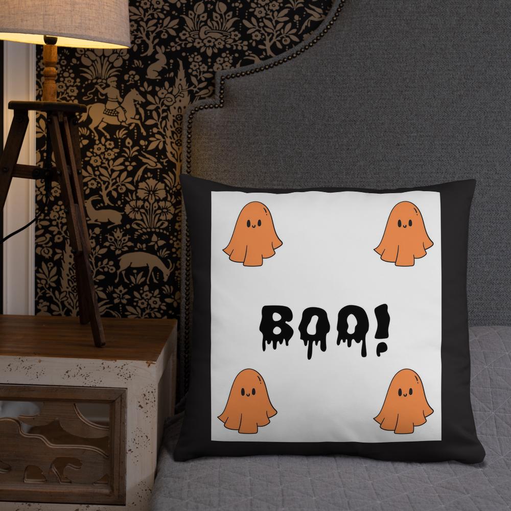 Halloween B.O.O. Throw Pillow – 18x18 Black, White & Orange Accent Cushion