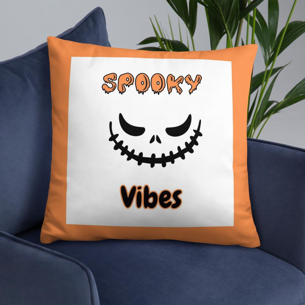 Spooky Vibes Halloween Pillow – 18x18 Orange & White Throw Cushion