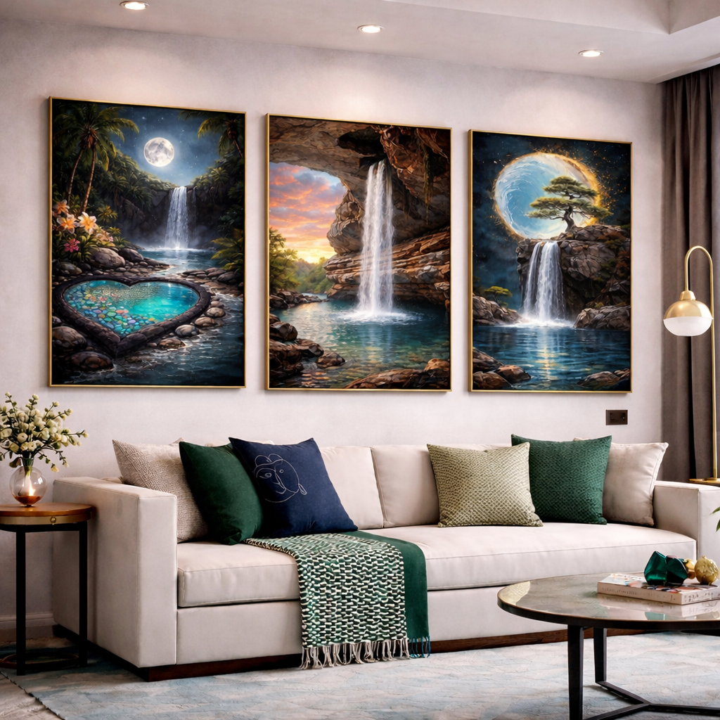 Moonlit Waterfall Wall Art Set – Fantasy Nature Printable Wall Decor – Digital Download (11x14, 16x20, 18x24, 24x36)