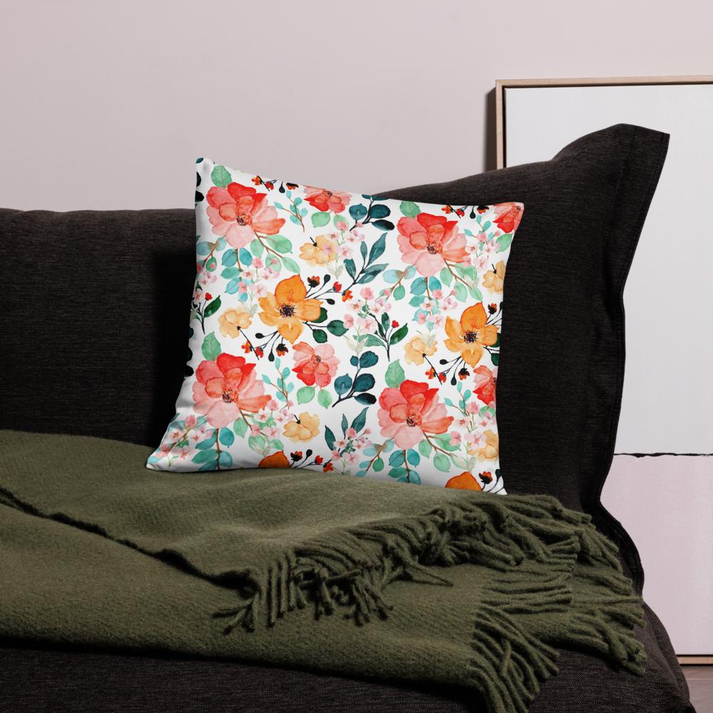 Floral Throw Pillow – 18x18” Pink, Green & Orange Flowers on White Background