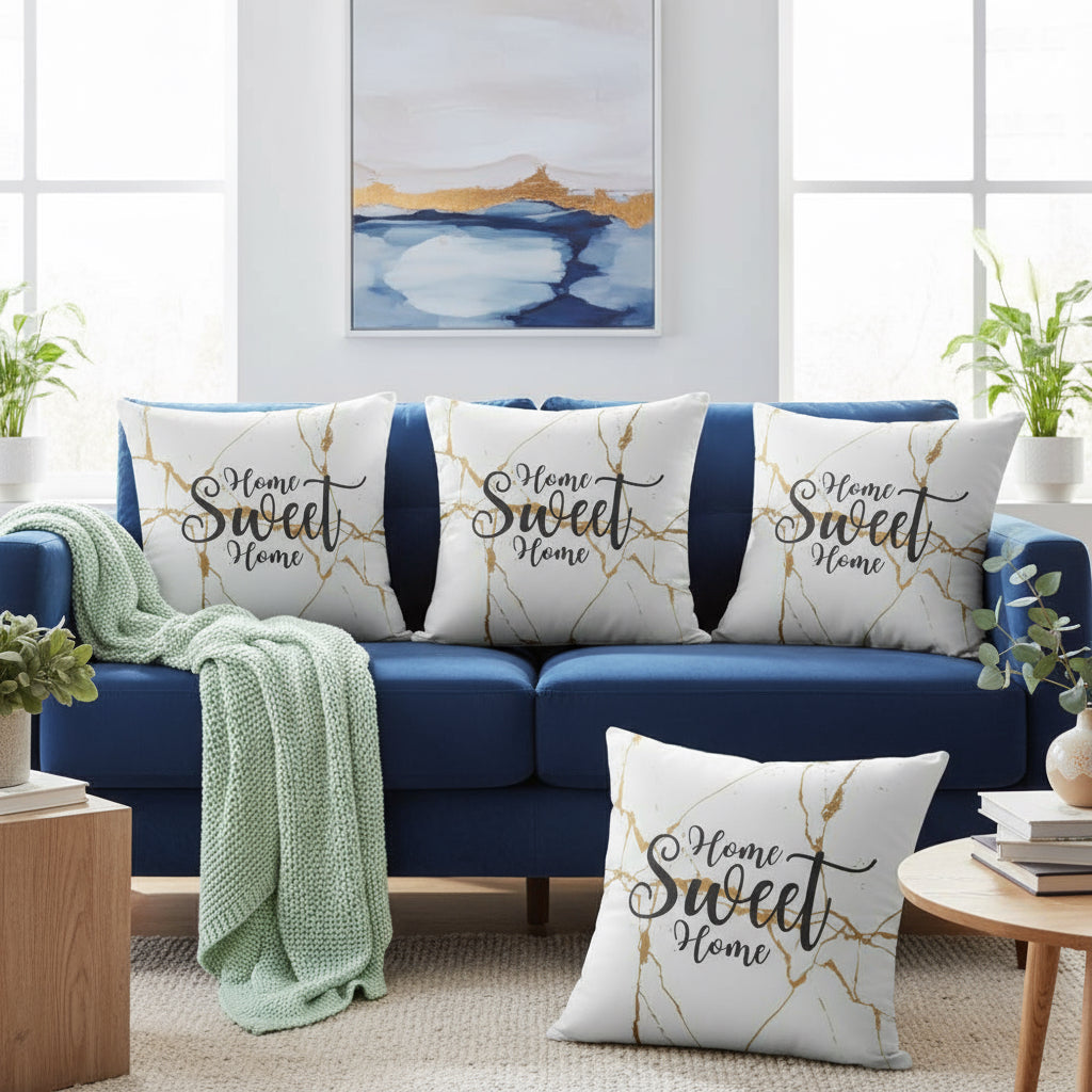 White Throw Pillow with Gold Design – “Home Sweet Home” Decorative Cushion 22x22”