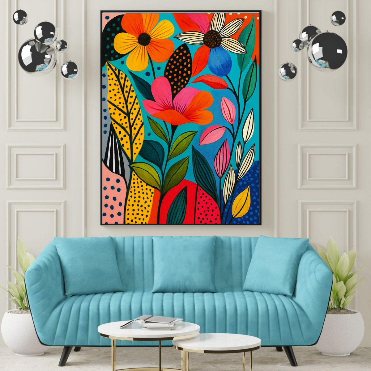 Bold Botanical Flower Wall Art – Colorful Floral Printable on Blue Background