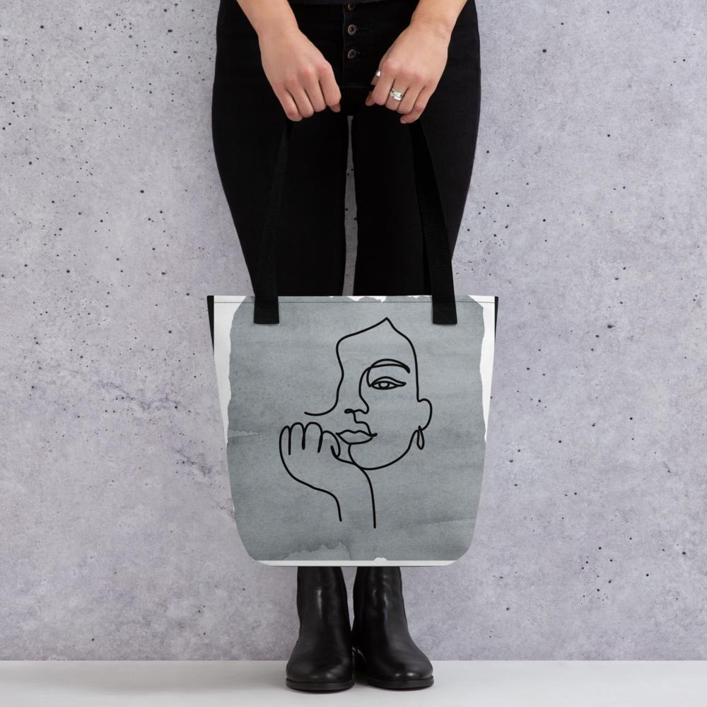 Boho Abstract Art Tote Bag – 15x15 Grey and White Minimalist Reusable Shoulder Bag