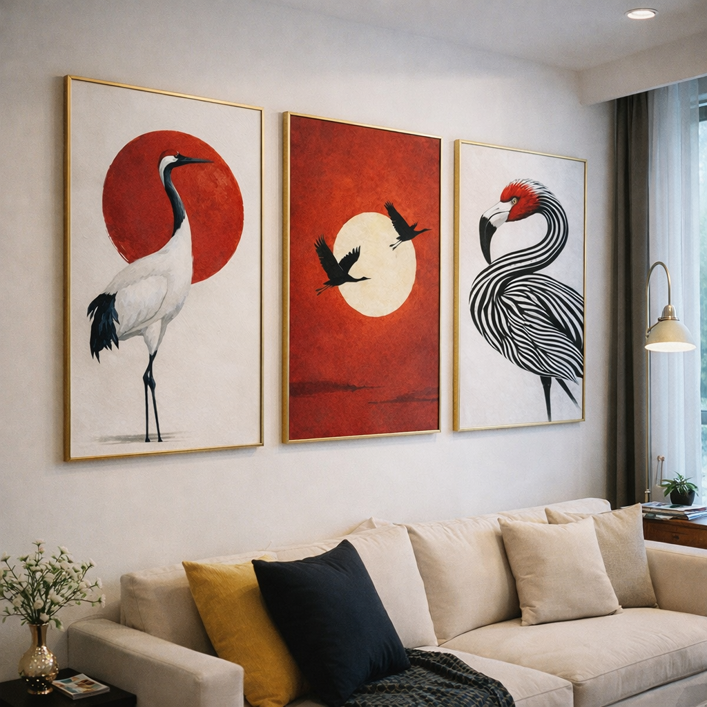 Japanese Crane Wall Art Set – Modern Red Sun Printable Decor – Minimalist Asian Inspired Digital Download (11x14, 16x20, 18x24, 24x36)
