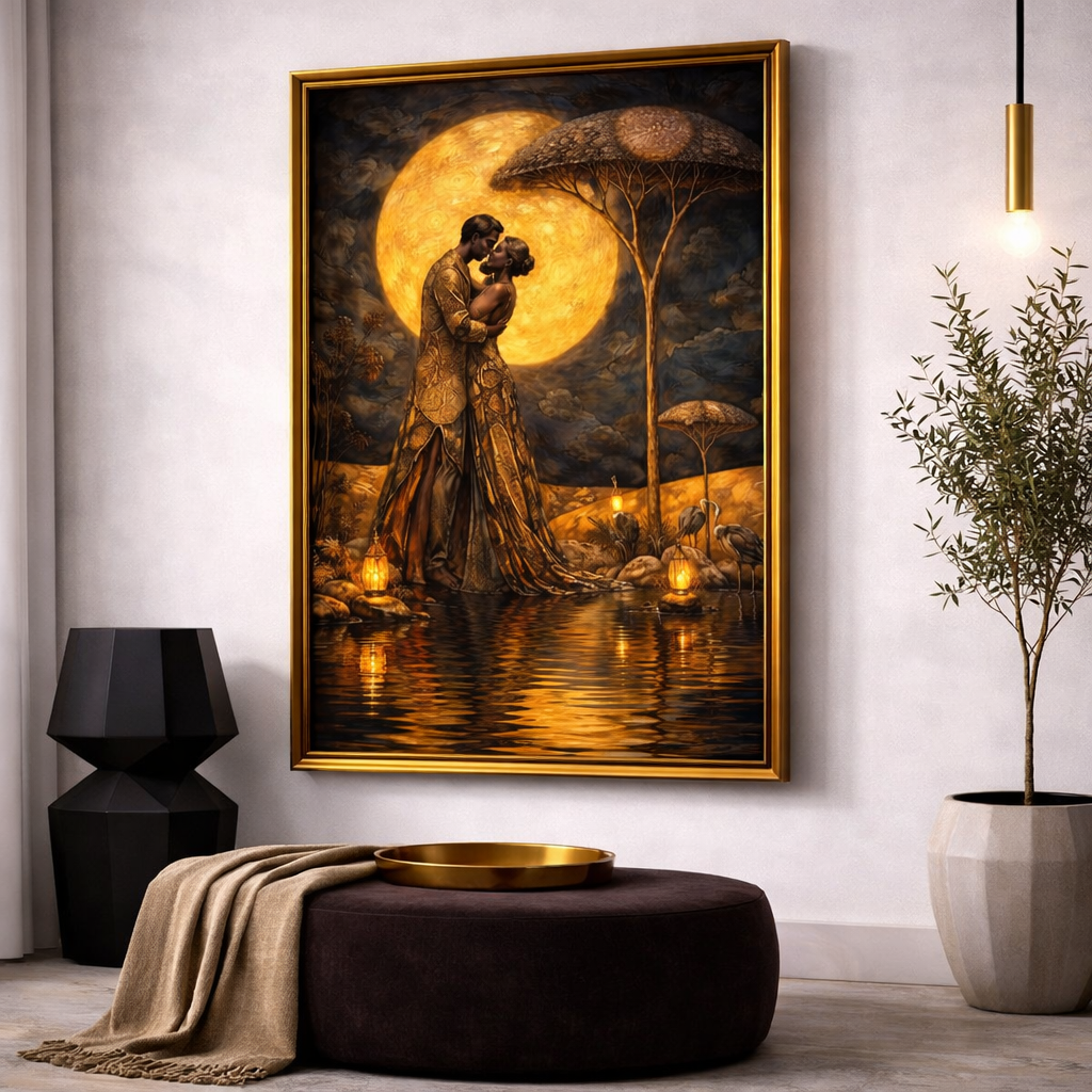 Golden Moon African Love Wall Art Set – Romantic Couple Printable – Luxury Gold Cultural Digital Download (11x14, 16x20, 18x24, 24x36)