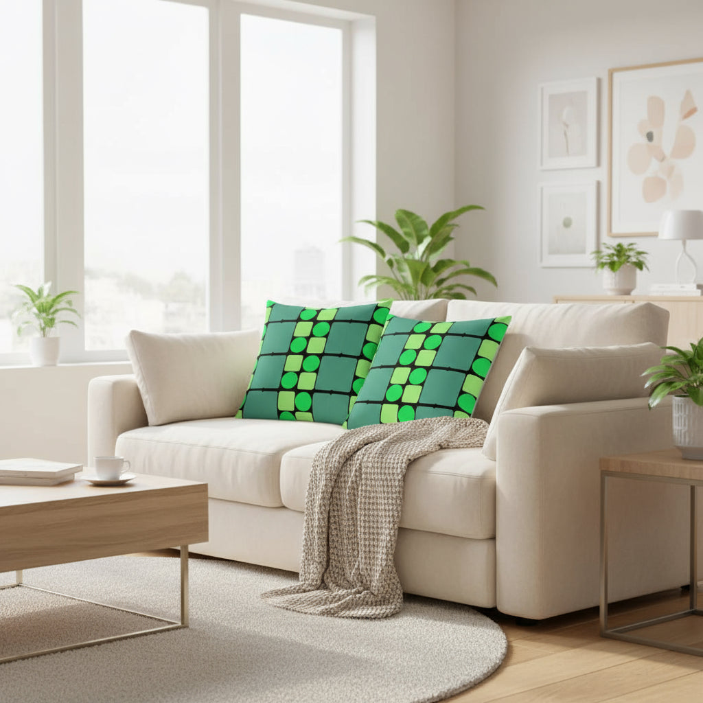 Green Geometric Throw Pillow – 18x18” Square, Circle & Triangle Pattern for Modern Home Décor