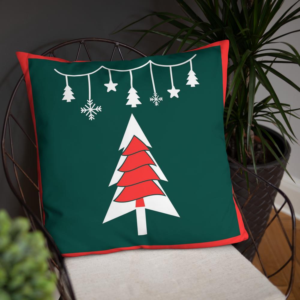 Festive Green & Red Christmas Tree Throw Pillow – 22x22” Holiday Cushion for Living Room & Bedroom Decorating