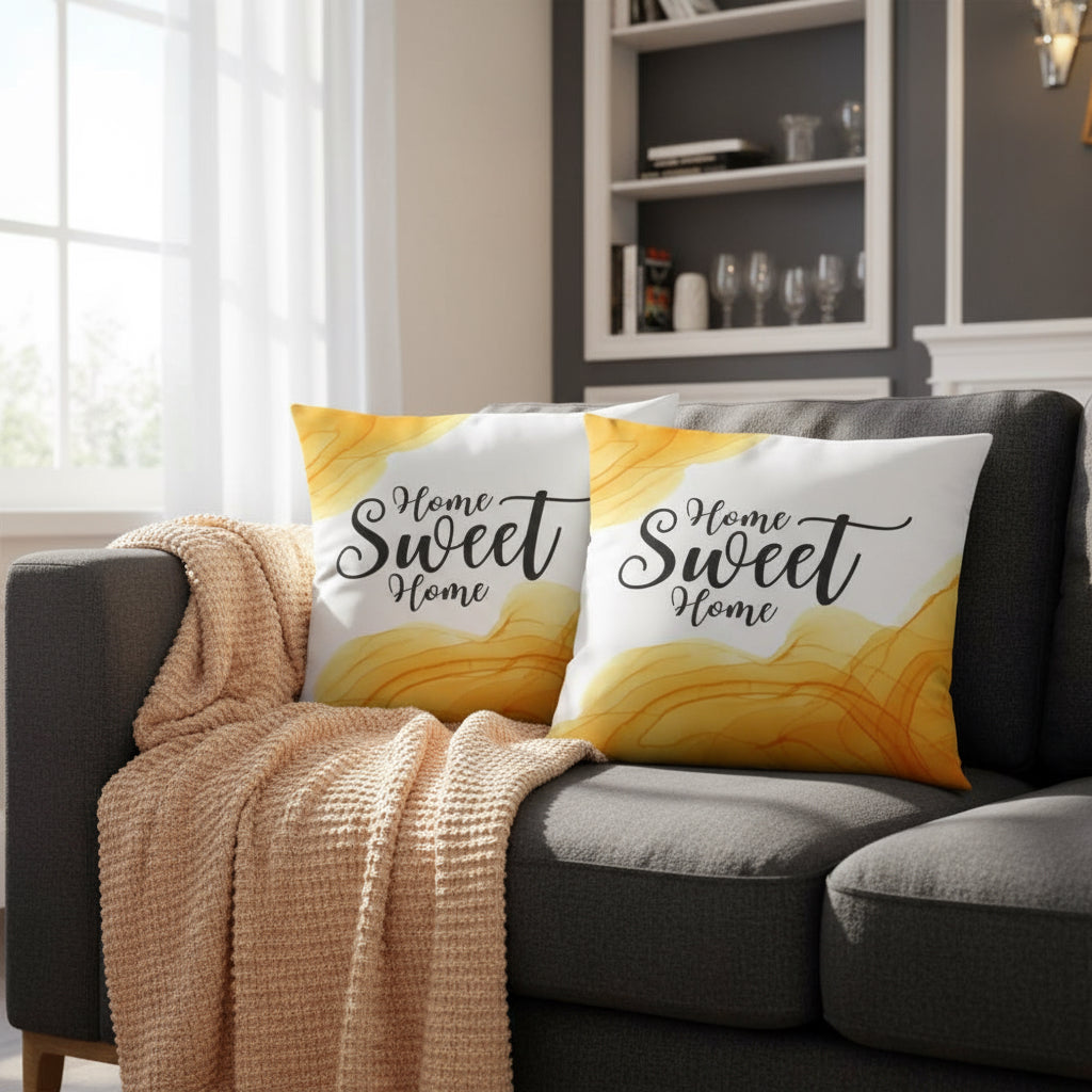 Orange & White Marble Throw Pillow – “Home Sweet Home” Decorative Cushion 22x22”