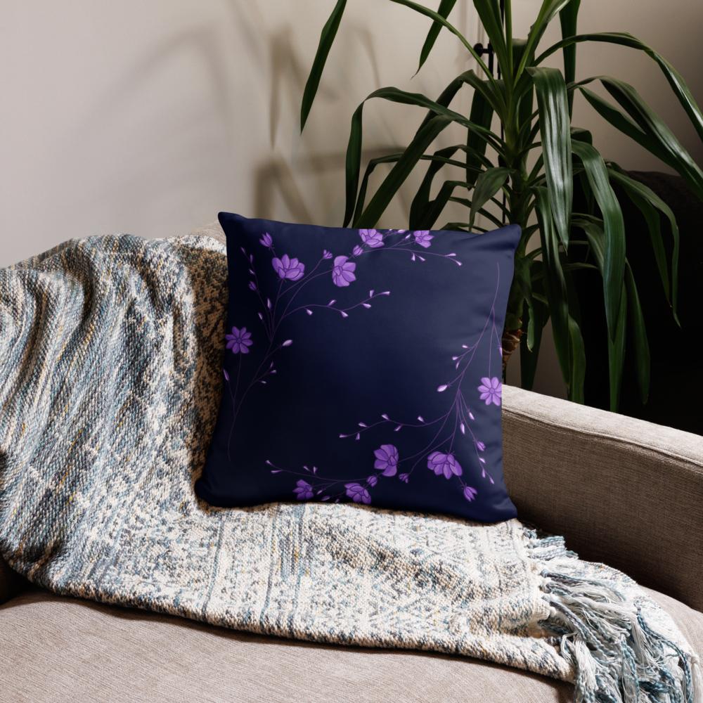 Dark Blue Throw Pillow with Purple Flowers – 18x18” | Elegant Floral  Design