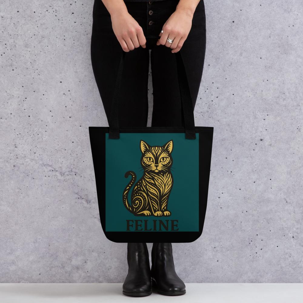 Cat Lover Tote Bag – 15x15 Green and Black Reusable Shoulder Bag for Pet Owners