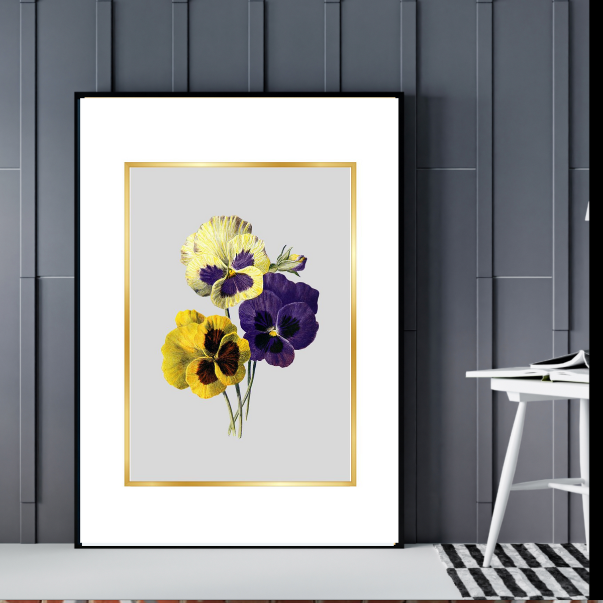 Gold Border Gray Center Yellow Flower – 2 Piece Digital Wall Art Set – Digital Download