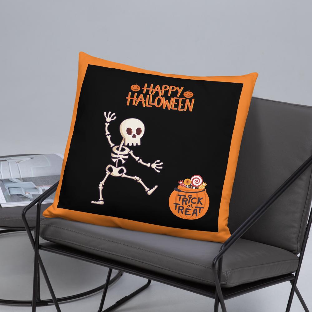 Happy Halloween Skeleton & Candy Treats Throw Pillow – Black & Orange 22x22” Decorative Cushion