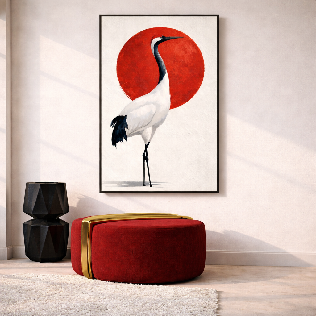 Japanese Crane Wall Art Set – Modern Red Sun Printable Decor – Minimalist Asian Inspired Digital Download (11x14, 16x20, 18x24, 24x36)