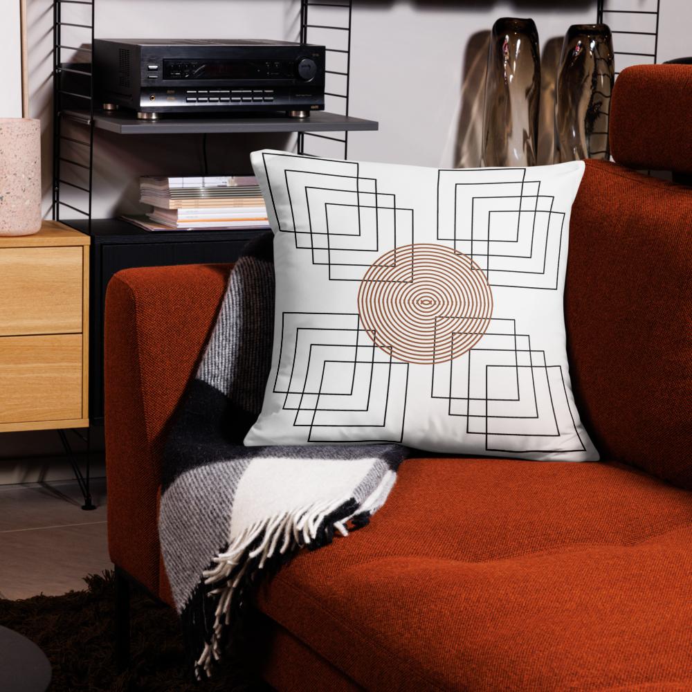 White Throw Pillow with Black Geometric Square Patterns & Brown Round Boho Design – 22x22”