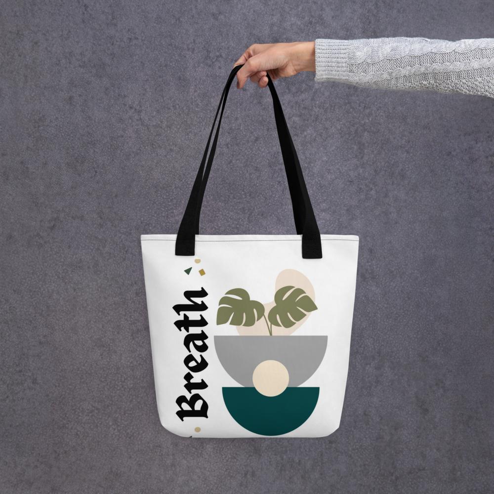 White “BREATHE” Boho Tote Bag – 15”x15” with Green & Grey Botanical Design
