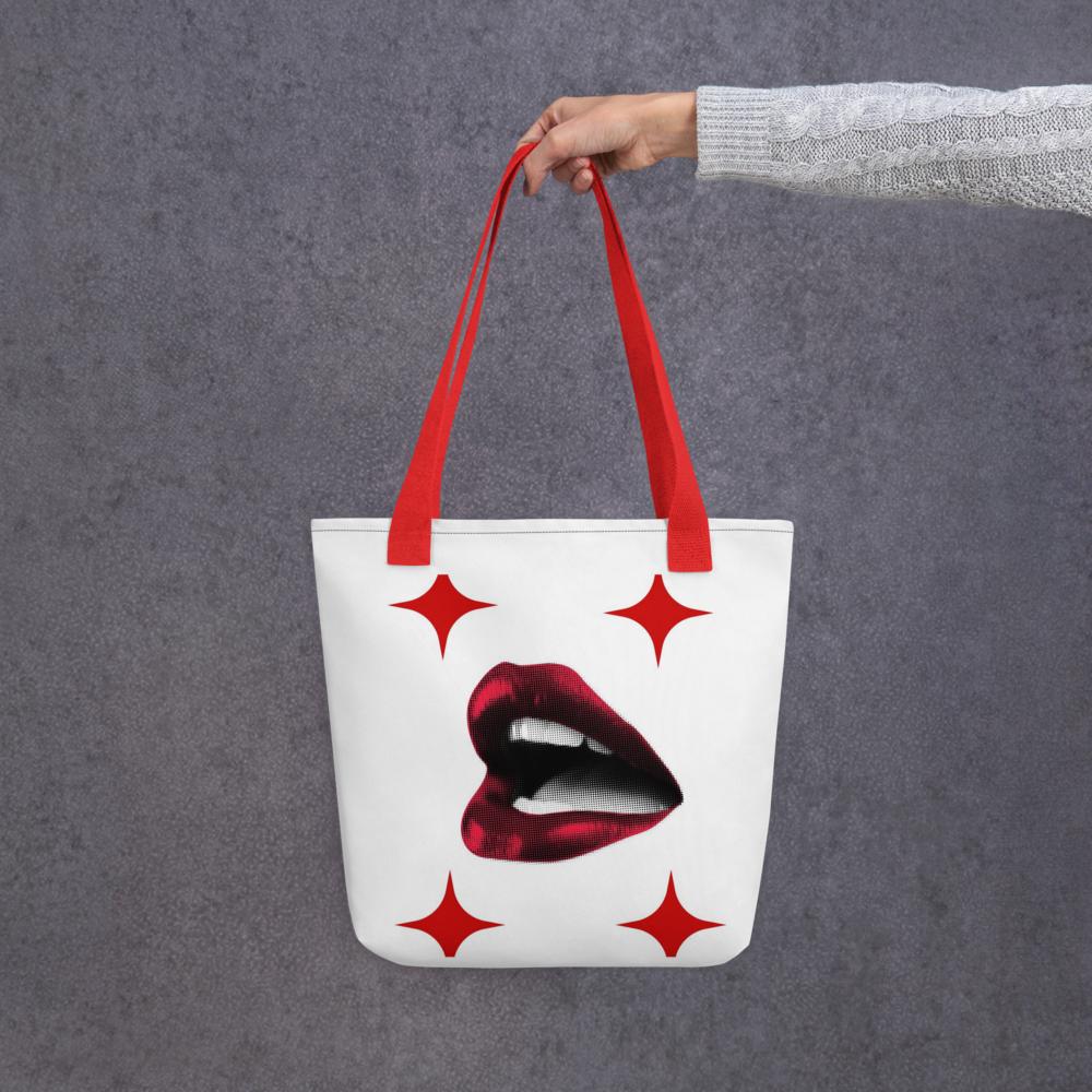 White Tote Bag with Bold Red Lips & Star Corners – 15”x15” Chic Pop-Art Style