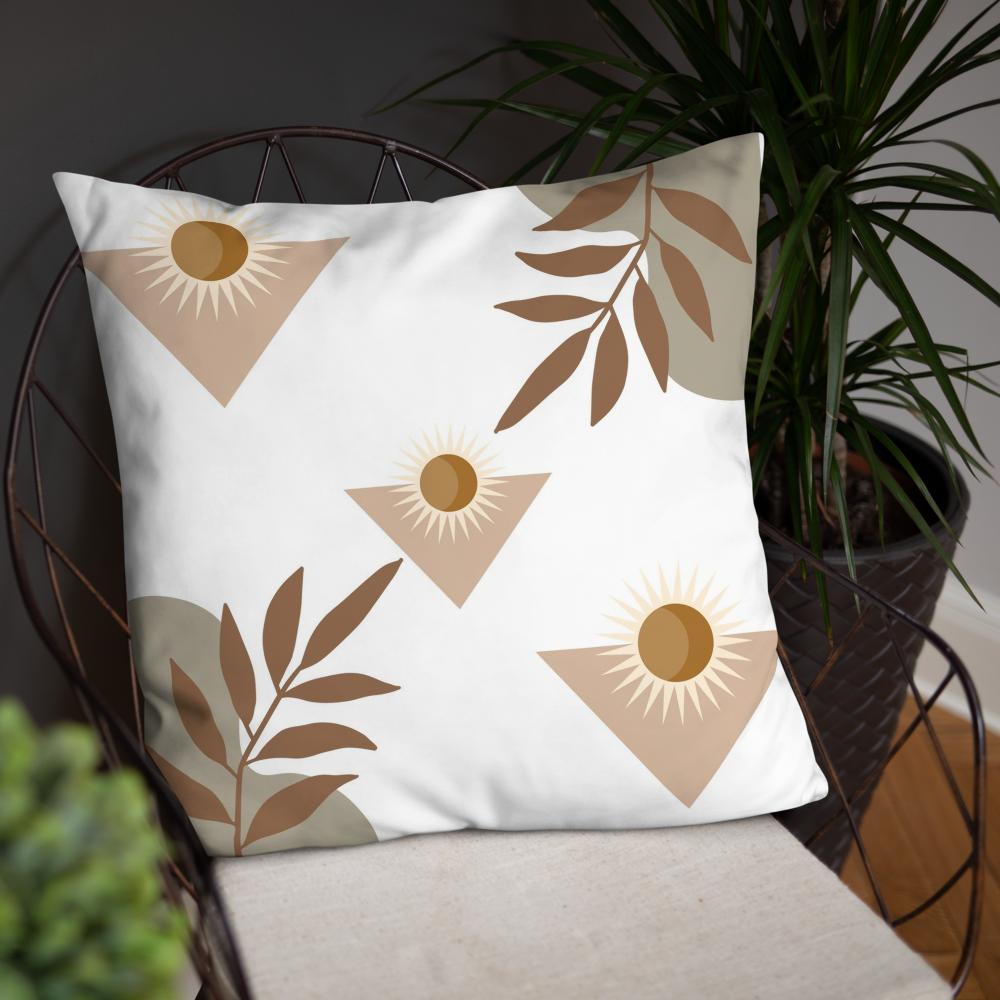 White Throw Pillow with Brown Boho Designs – Decorative Cushion 22x22”