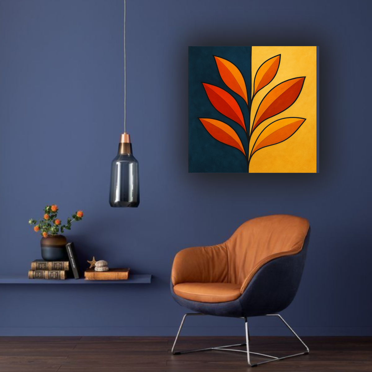 Orange Botanical Flower Wall Art – Dark Blue & Yellow Square Abstract Print | Digital Download (20x20, 24x24, 36x36)