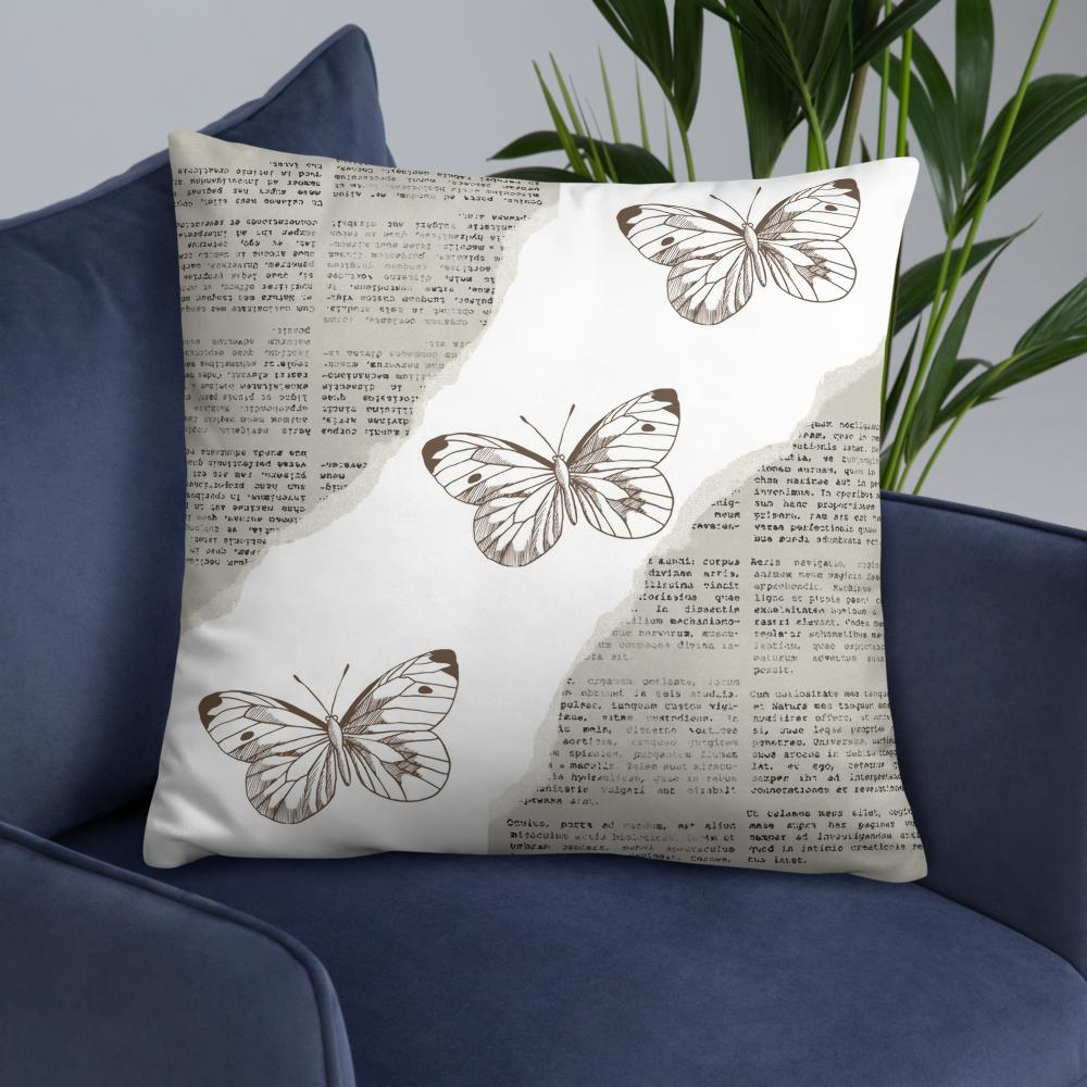 Vintage Newspaper Throw Pillow with Butterflies – Decorative Cushion 22x22”