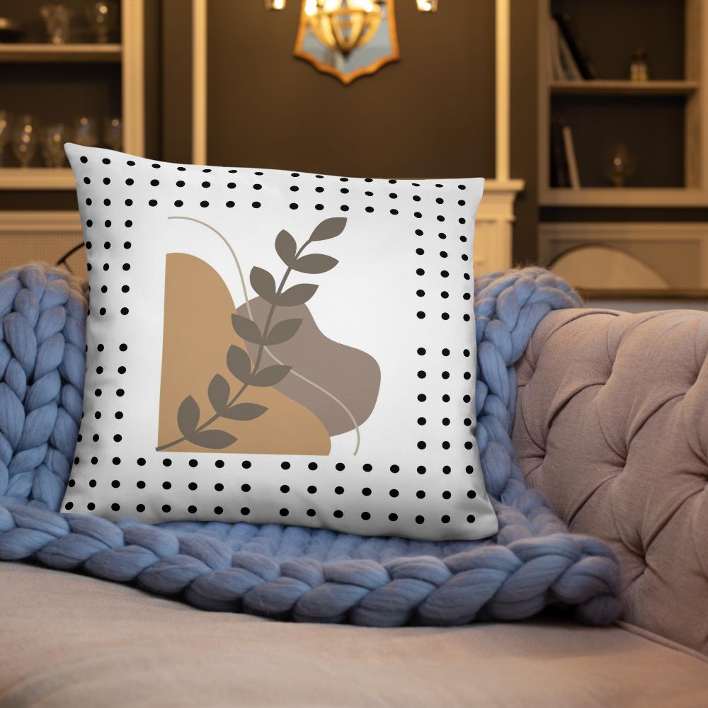 Boho Chic Throw Pillow – 22x22” | Brown Abstract Shapes & Leaf on White