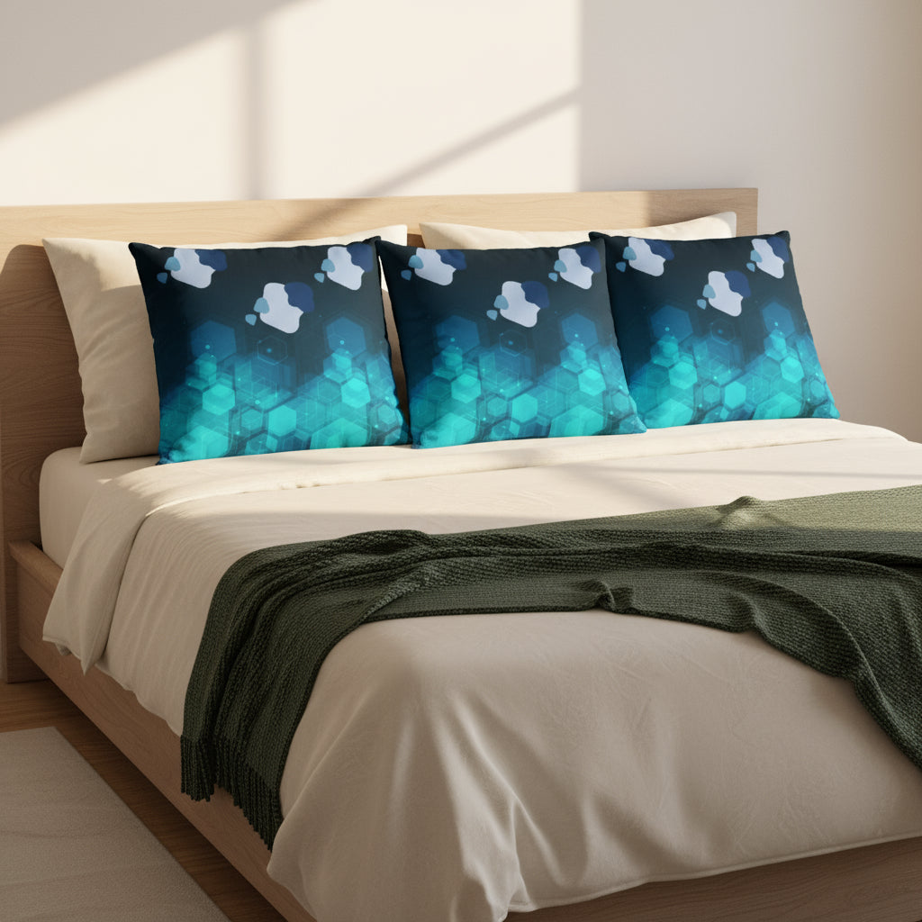 Dark Blue Throw Pillow with Geometric Shapes – 18x18” | Green, Blue & Gray Modern Design