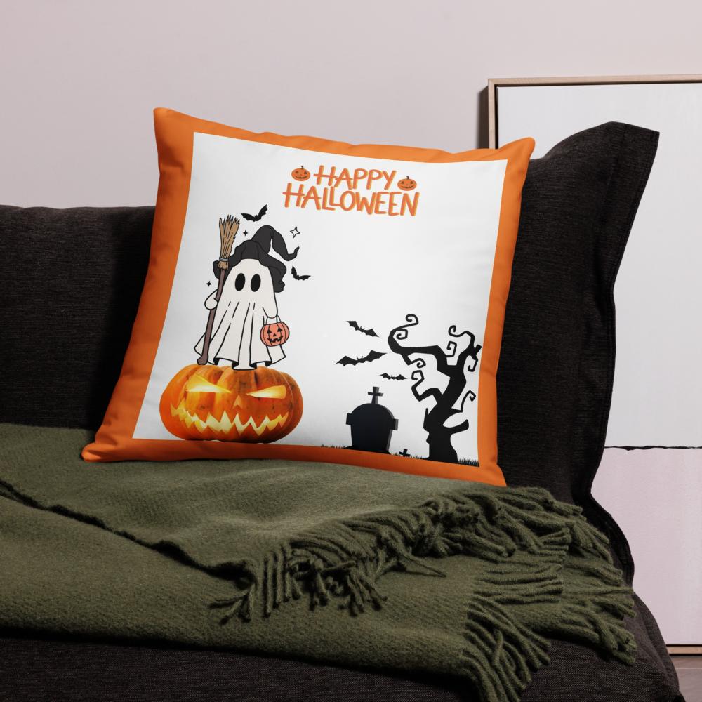 Happy Halloween White & Orange Throw Pillow – 22x22” Pumpkin & Spooky Accent Cushion
