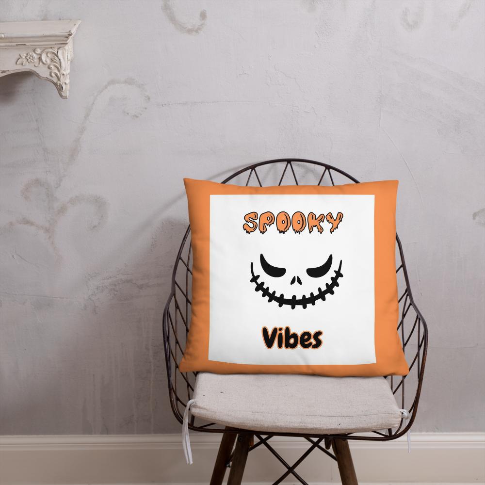 Spooky Vibes Halloween Pillow – 18x18 Orange & White Throw Cushion