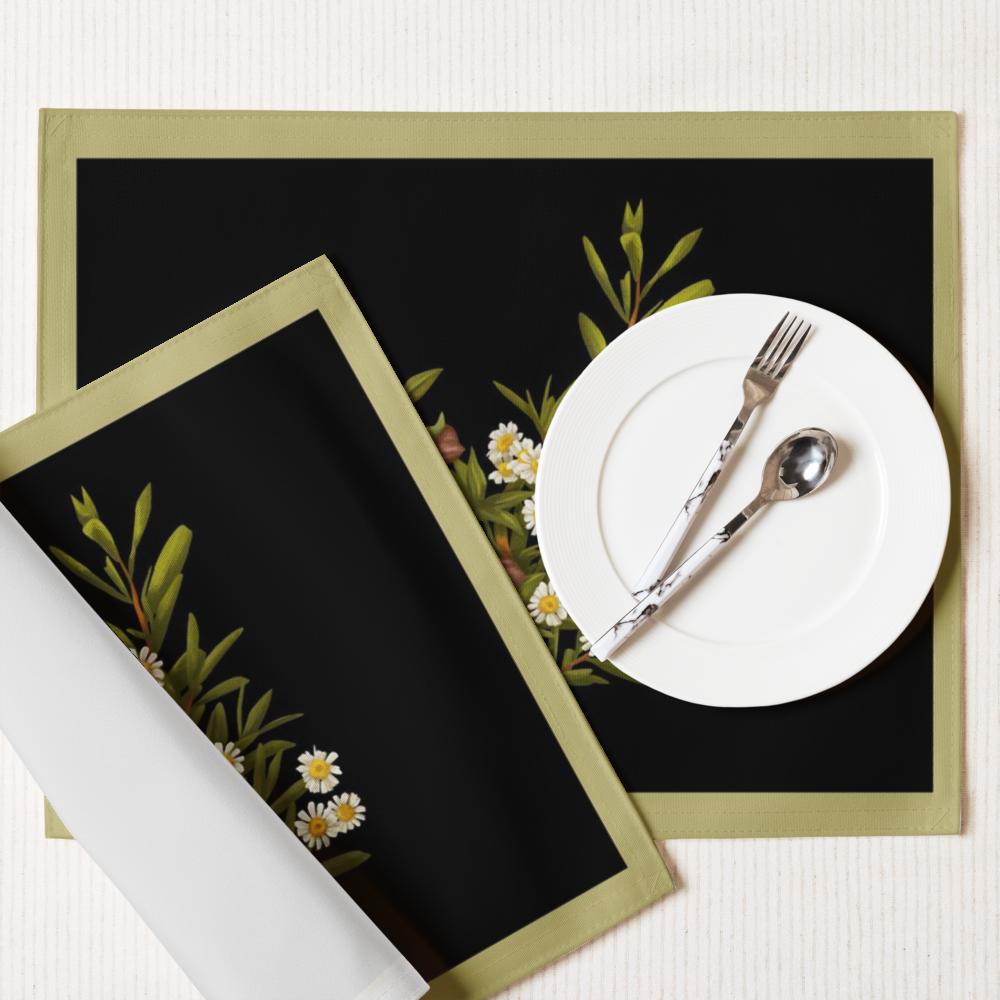 Black & Green Floral Placemat Set of 4 – 18x14 Inch Washable Heat-Resistant Dining Table Mats