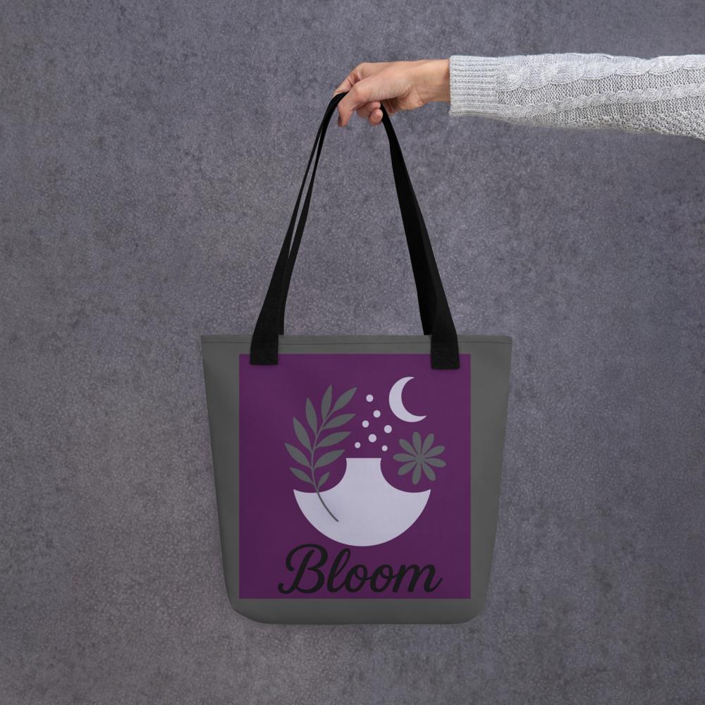 Purple & Grey “BLOOM” Boho Tote Bag – 15”x15” Botanical Style Carryall