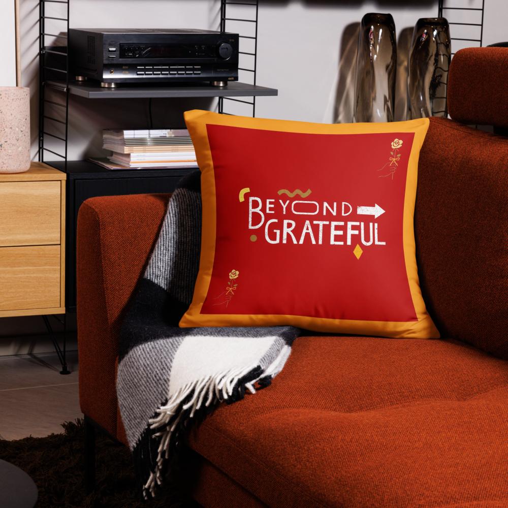 Beyond Grateful Throw Pillow – Thanksgiving Decorative Cushion (18x18, Orange & Red)